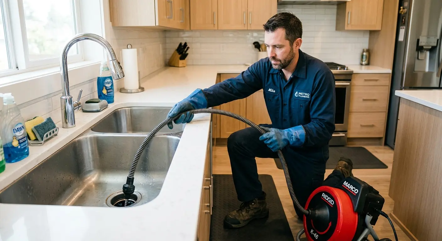 Drain cleaning technician using a motorized snake on a kitchen sink in Moraine