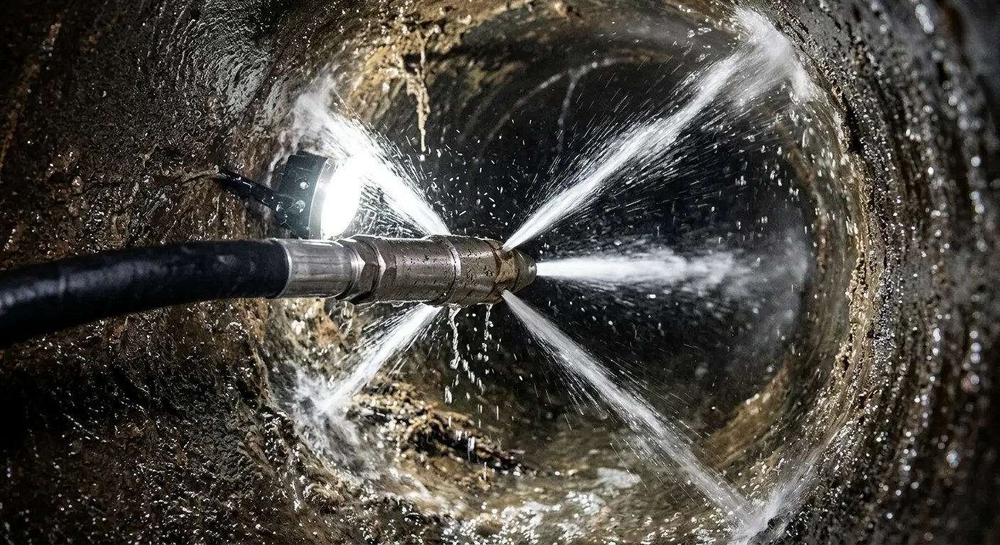High-pressure hydro jetting nozzle cleaning sewer pipe for Sewer Cleanout in Moraine