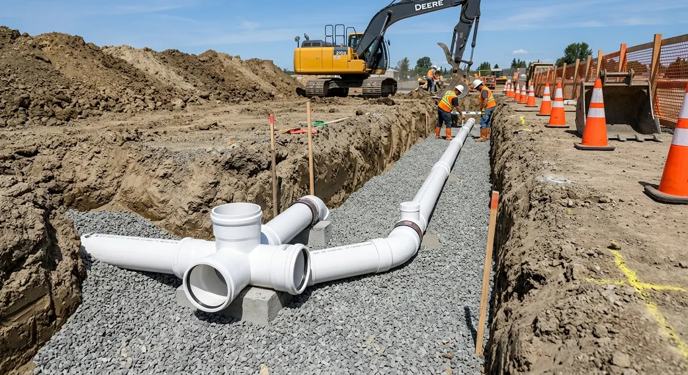 New PVC sewer pipe installation in open trench for Grease Trap Cleaning in Moraine
