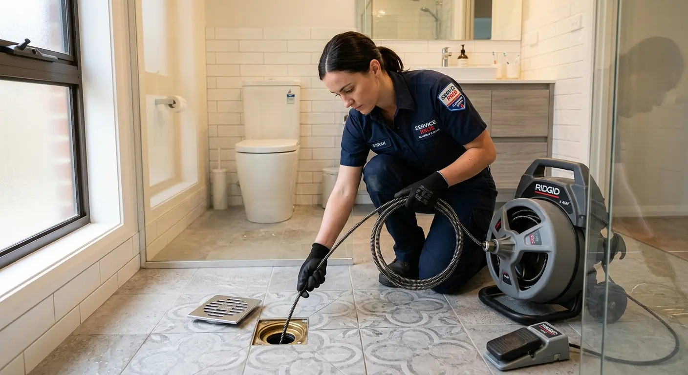 Technician clearing a bathroom floor drain for Hydro Jetting in Moraine